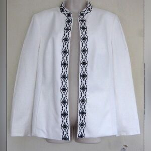 Talbots embellished white jacket 10 petites Open front Black trim cotton Blazer